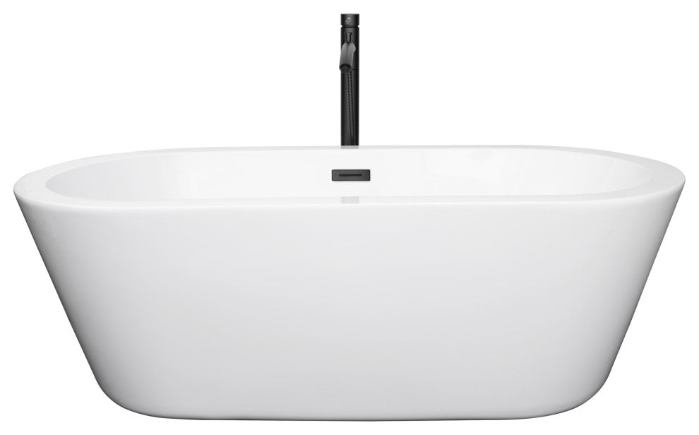 67" Freestanding Bathtub, White, Floor Mounted Faucet, Drain, Trim, Black