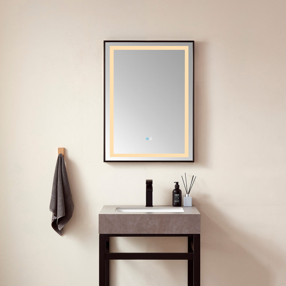 Horizontal Rectangular LED Wall Mount Bathroom Mirror, Black, 24"