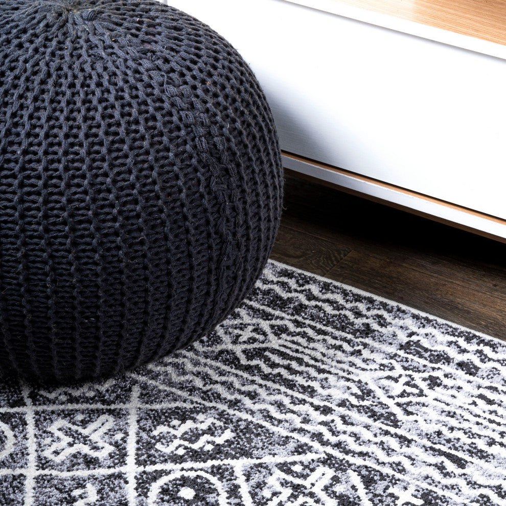 Iften Moroccan Geometric Distressed Ivory/Black 2 ft. x 10 ft. Runner Rug