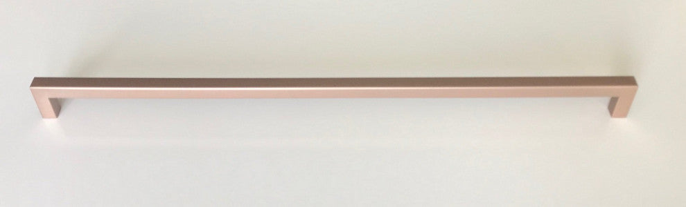 Rose Gold Square Bar Pull Cabinet Handle Stainless 1/2" Thickness Lifetime Warra, 12.5" Center to Center