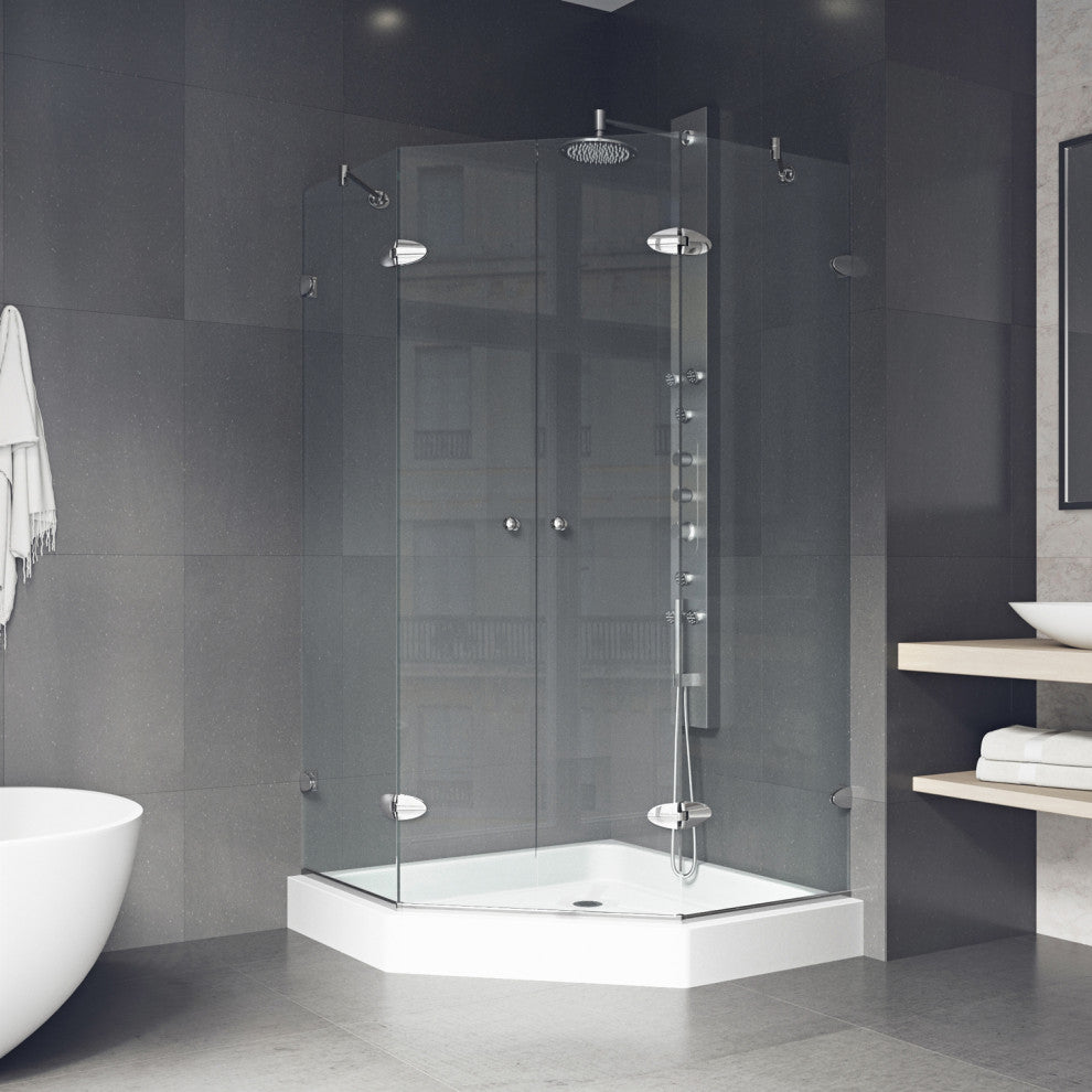 VIGO Gemini Frameless Hinged Neo-Angle Shower Enclosure, Chrome, 48" D X 47" W, High Base