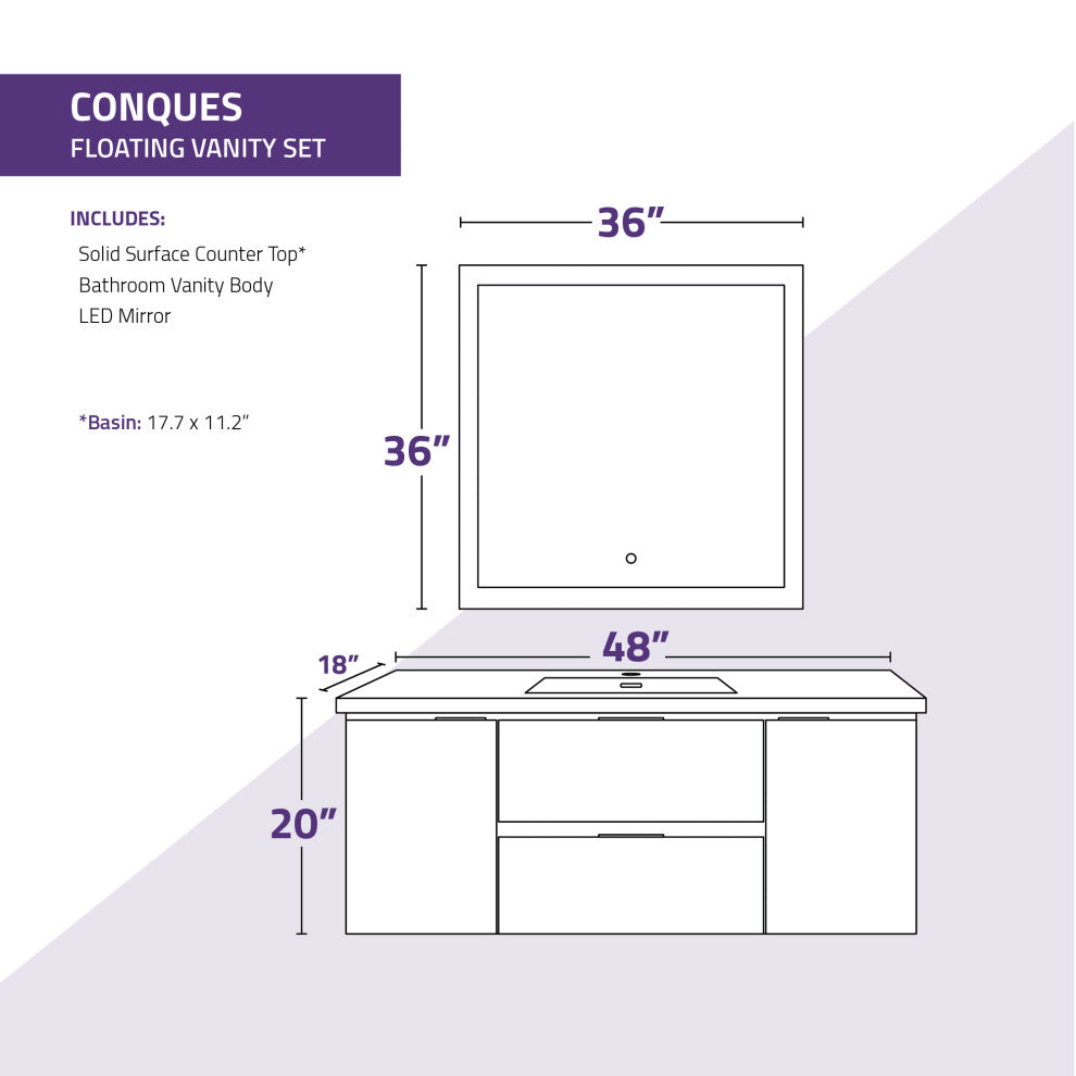 Conques 48" Wall Mount bathroom Vanity Set, Dark Brown