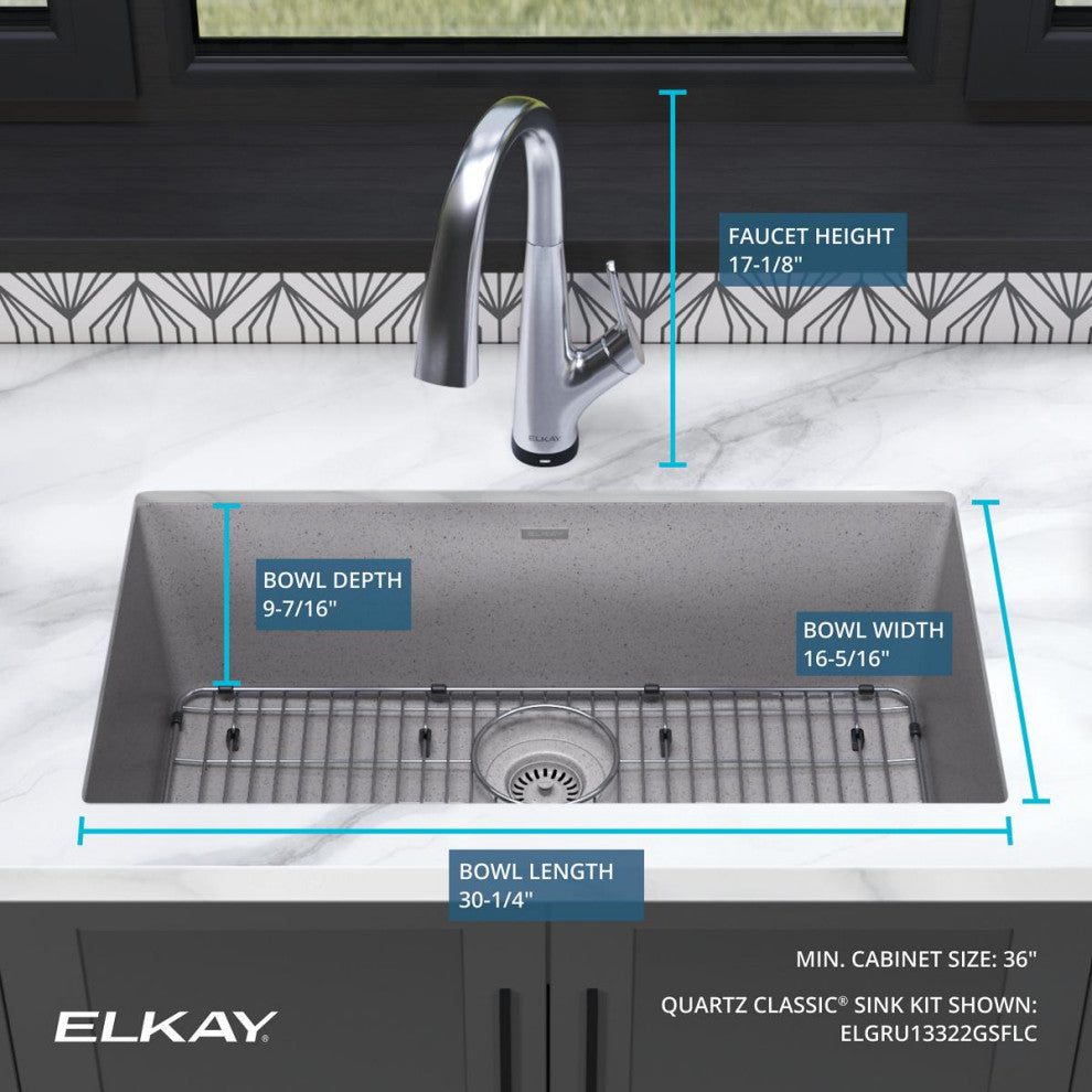 Quartz Classic 33" Single Bowl Undermount Sink Kit With Filtered Faucet, Greysto