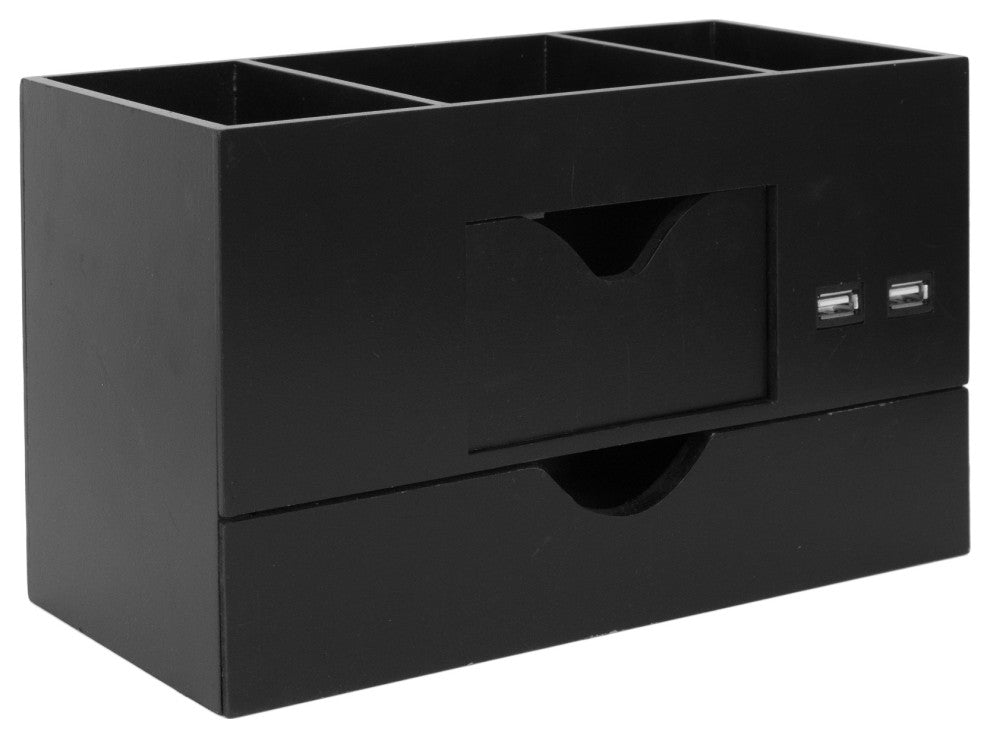 All-in-One USB charging  5 Compartments Desk Organizer - Black