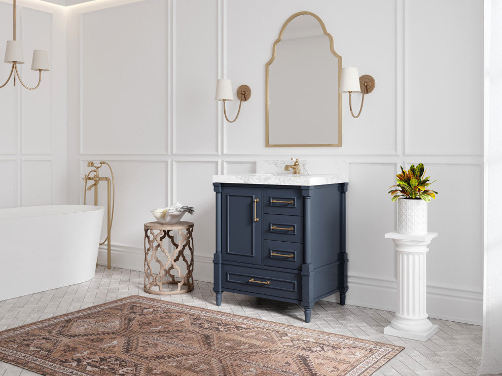 Aberdeen 30 Single Sink Bath Vanity in Hale Navy Blue  2" Calacatta Gold