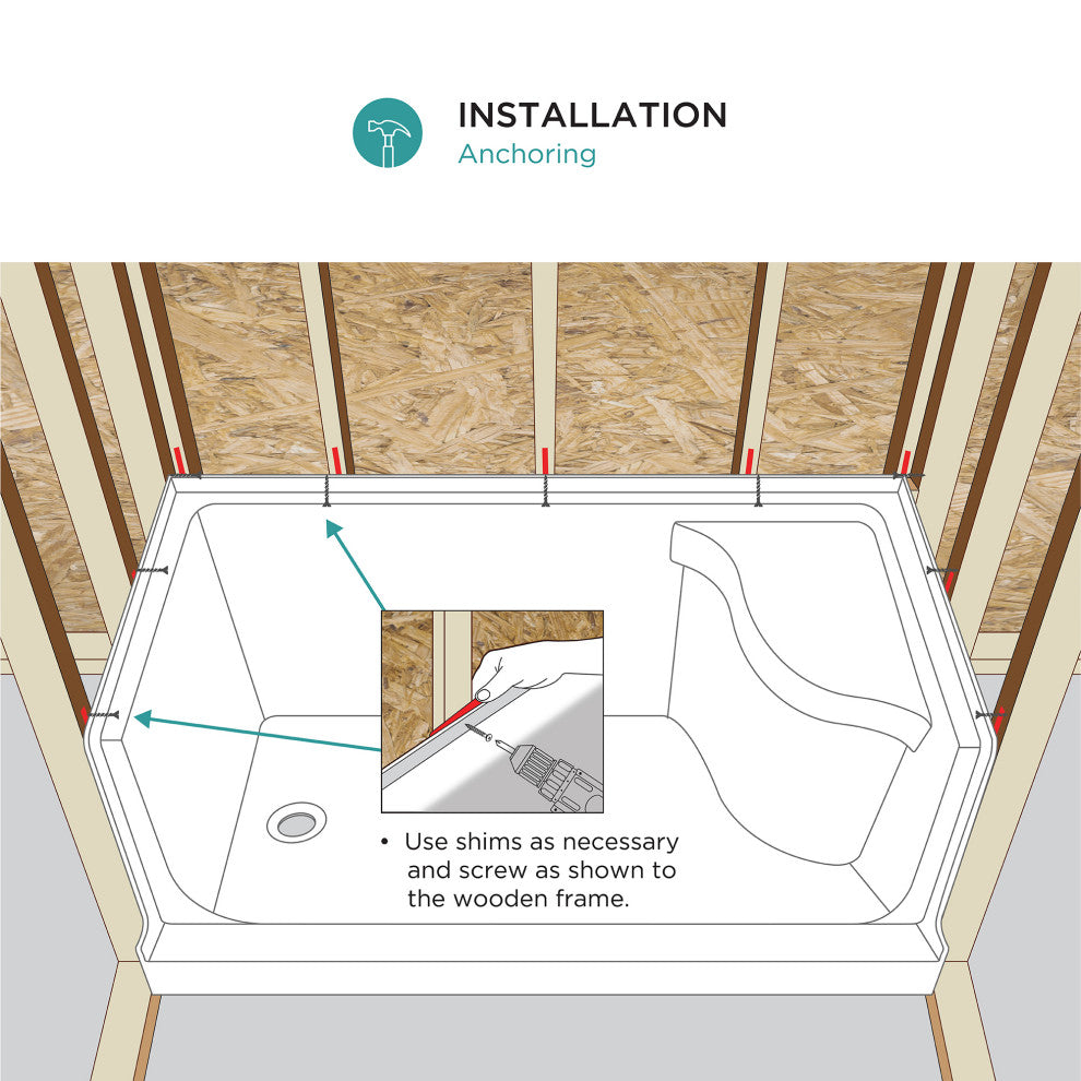 Single Threshold Acrylic Non-Slip Shower Base, Seat 60 x 32, Left Hand Drain