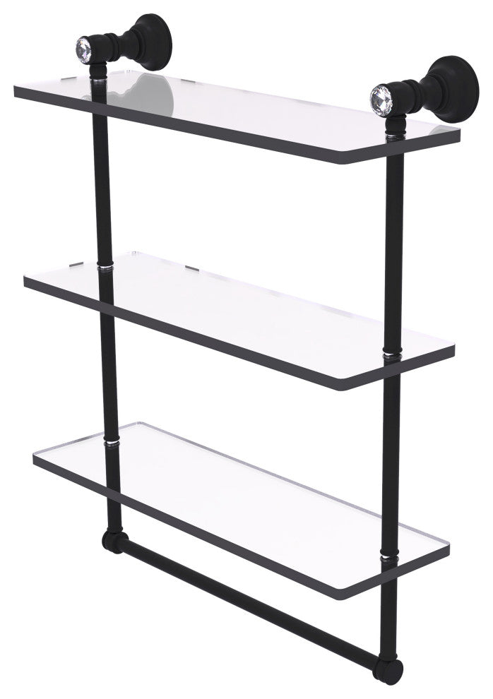 Carolina Crystal 16" Triple Glass Shelf With Towel Bar, Matte Black