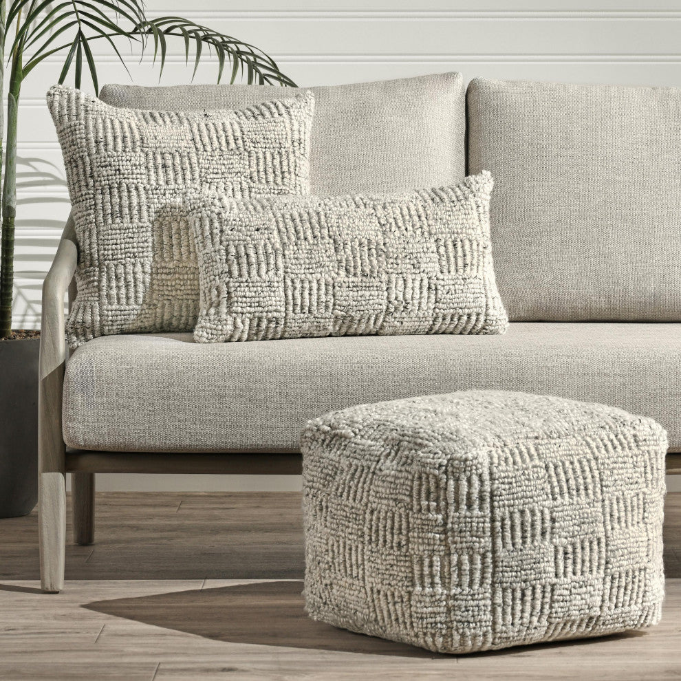 Shades 18" Recycled Fabric Indoor Outdoor Pouf, Ivory