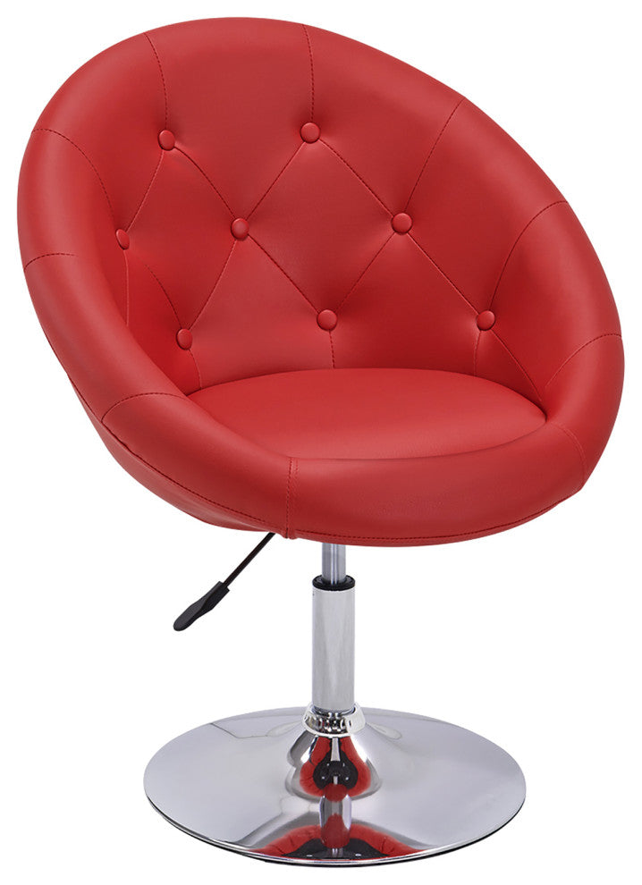 Button Tufted Swivel PU Leather Papasan Chair, Red
