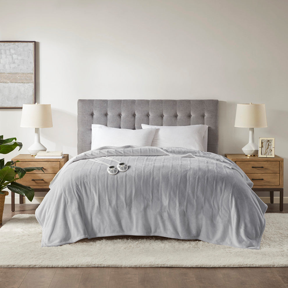 Serta Plush Heated Blanket, Light Grey