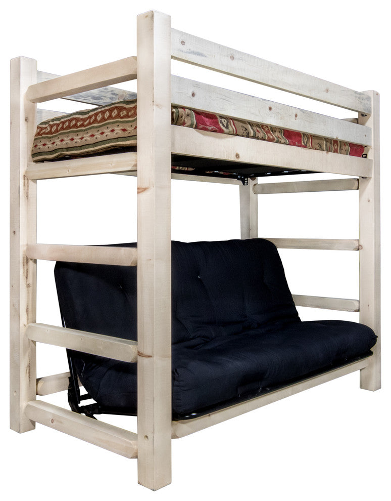 Twin Bunk Bed Over Full Futon Frame With Mattress, Ready To Finish, Ready to Fin