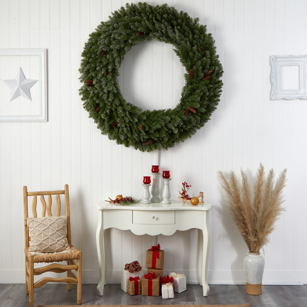 5' Flocked Faux Xmas Wreath W/Pinecones, Clear LED Lights & Bendable Branches