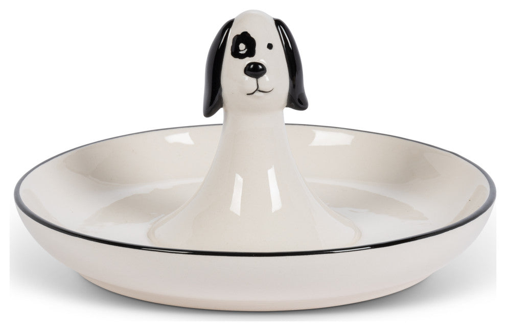 7.13" Black and White Porcela" Dog Themed Ring Dish