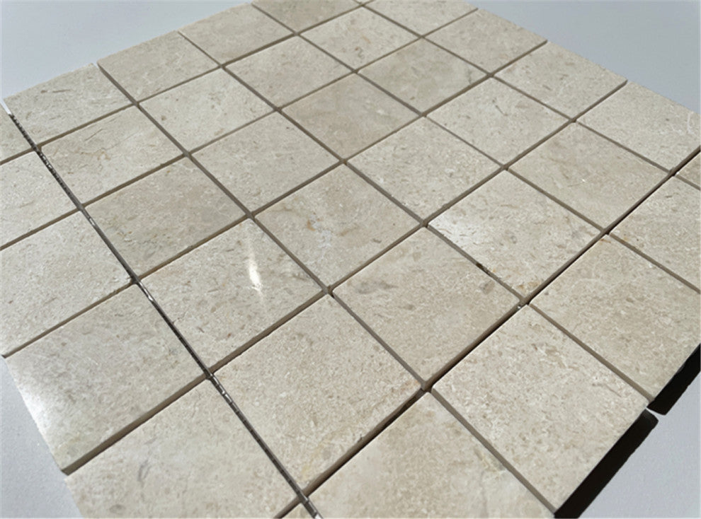Crema Marfil Beige Marble 2x2 Grid Square Mosaic Tile Polished, 1 sheet