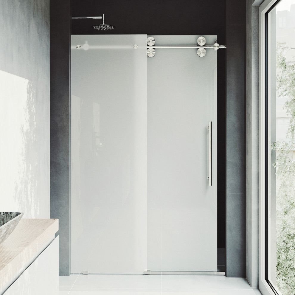 VIGO Elan 56" to 60" W x 74" H Frameless Sliding Shower Door, Stainless Steel, Right, Frosted Glass