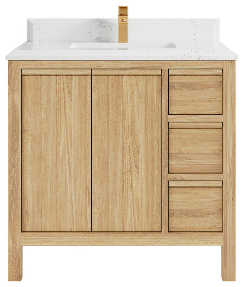 Elizabeth 36 Center Sink Bath Vanity in Light Natural Teak 1.5" Empira Quartz
