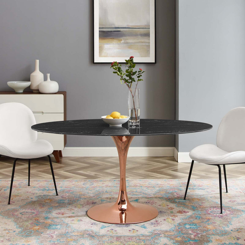 Dining Table, Oval, Artificial Marble, Metal, Rose Gold Black, Modern, Bistro