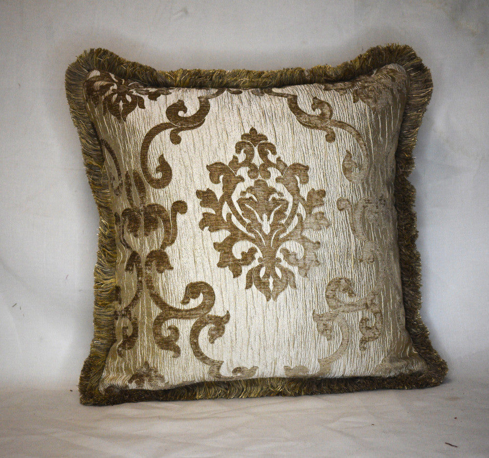 Gold chenille medallion floral decorative throw pillow With fringe for sofa, 14x14