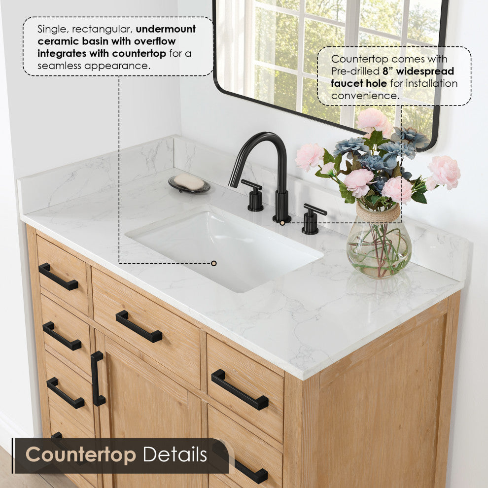 Gavino Vanity With Grain White Composite Stone Top, Light Brown/Matte Black, 42", With Mirror
