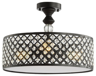 Elise 17" 3-Light Crystal and Metal Drum Semi-Flush Mount, Black