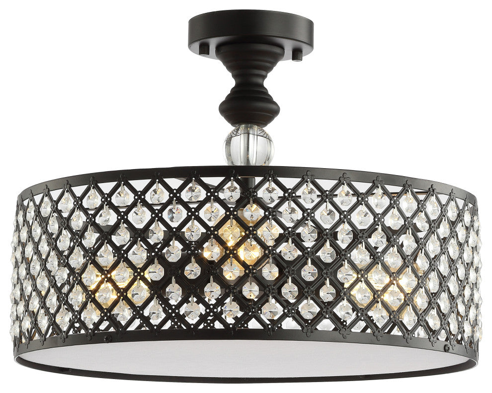 Elise 17" 3-Light Crystal and Metal Drum Semi-Flush Mount, Black