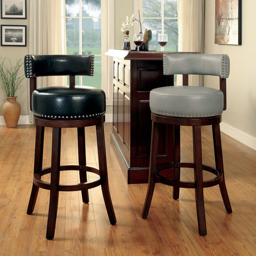 Set of 2 Leatherette and Wood Bar Stool, Dark Oak, Gray