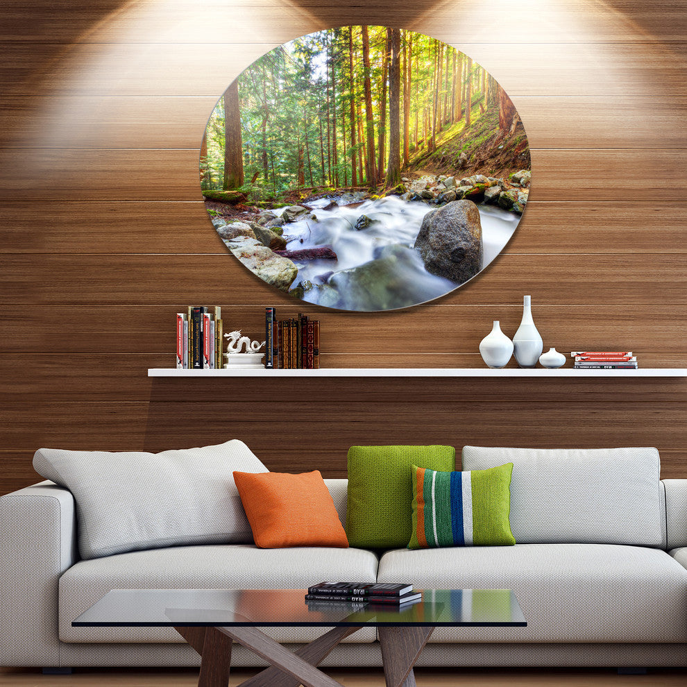Creek Flowing Through Forest, Landscape Disc Metal Artwork, 11"