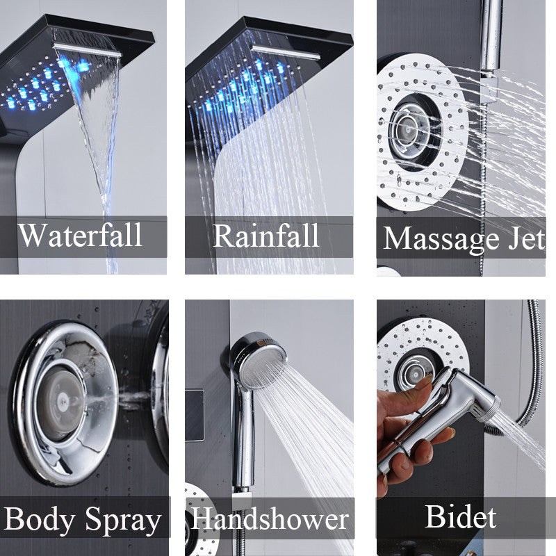 6-Stage Stainless Steel LED Shower Column With Massage Jets, Black