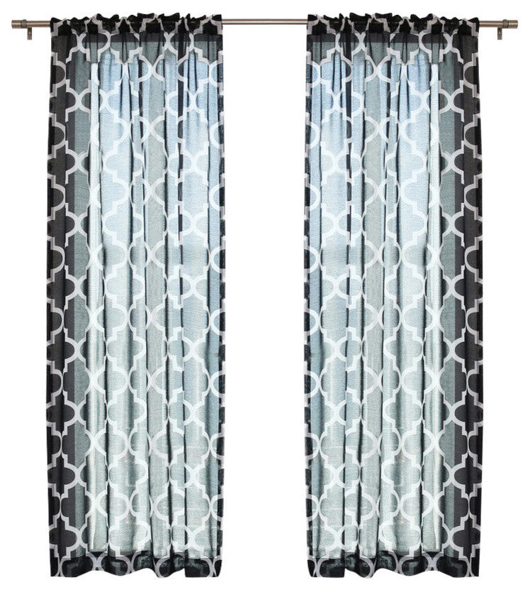 Faux Sheer Gauzy Linen Moroccan Print Rod Pocket Single Panel Curtain, Black