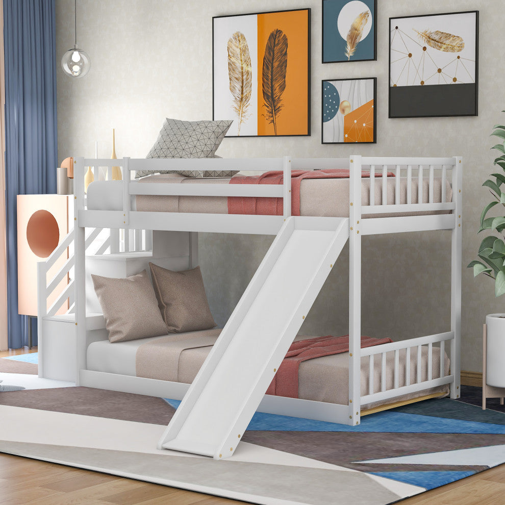 Gewnee Wood Twin Over Twin Bunk Bed with Convertible Slide and Stairway in White