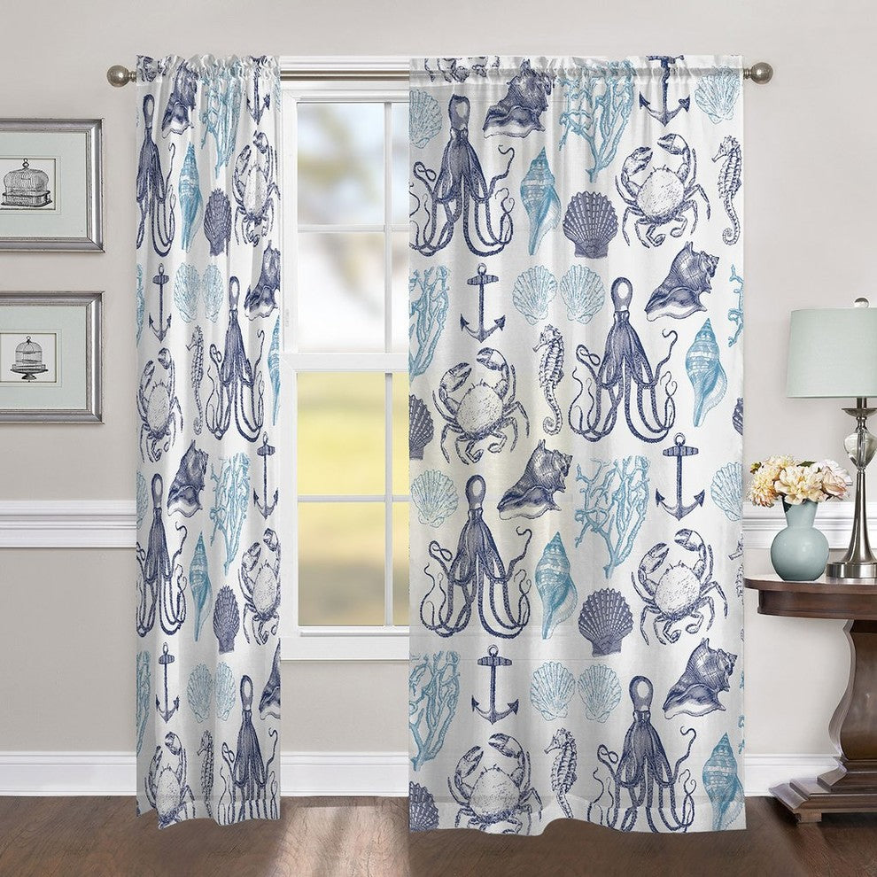 Laural Home Navy Coastal Creatures Sheer Window Curtain