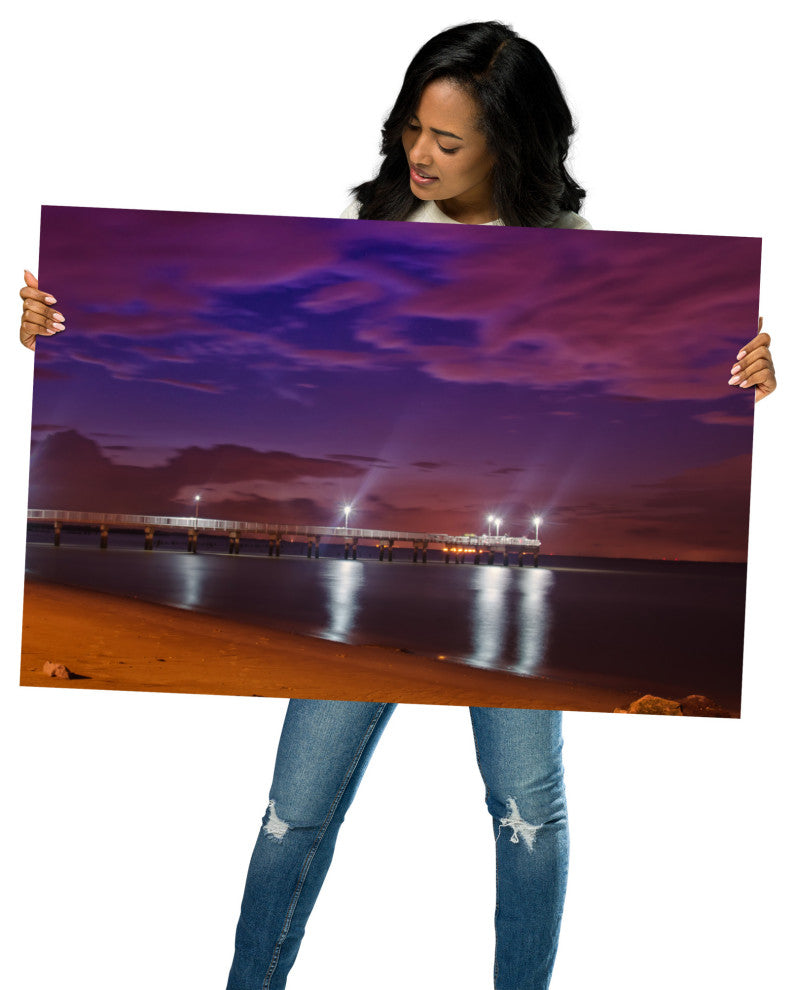 The Pier at Woodland Beach Night Coastal Photo Unframed Wall Art Print, 24" X 36"