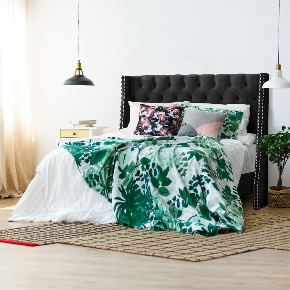 Williams Twin Nail Button Wingback Bed, Velvet Black