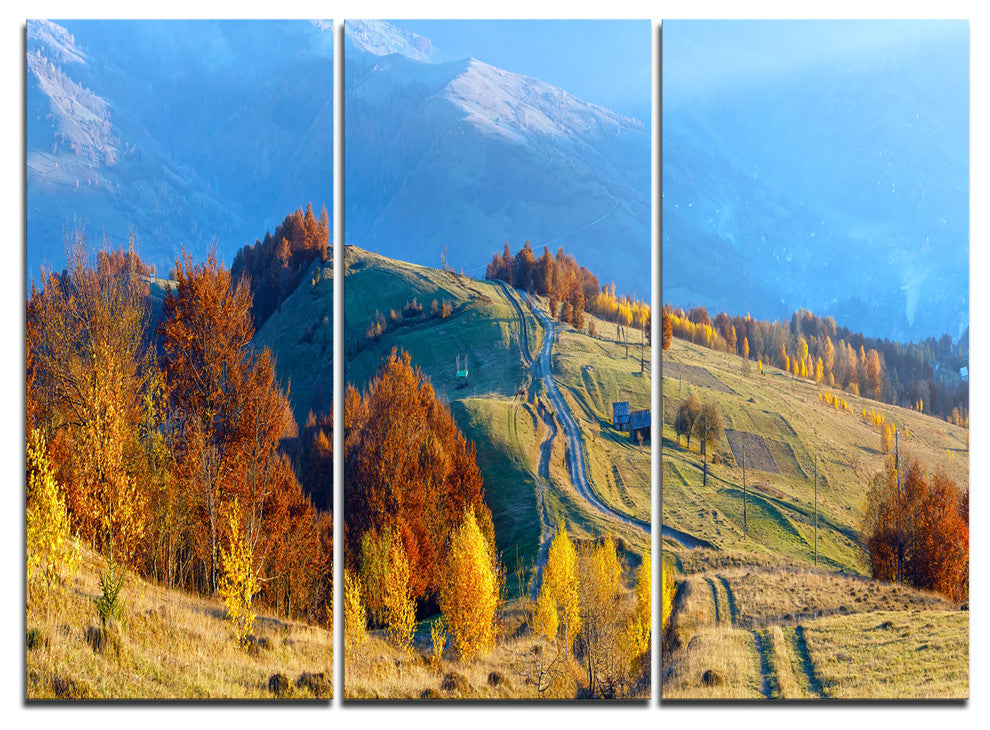 "Rural Road on Autumn Mountains" Art Print Canvas, 3 Panels, 36"x28"
