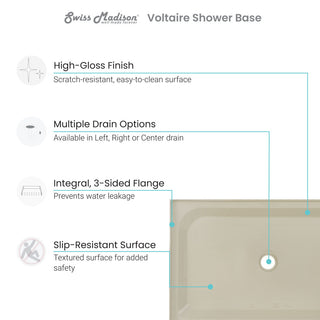Voltaire 48"x36" Single-Threshold, Center Drain, Shower Base, Biscuit