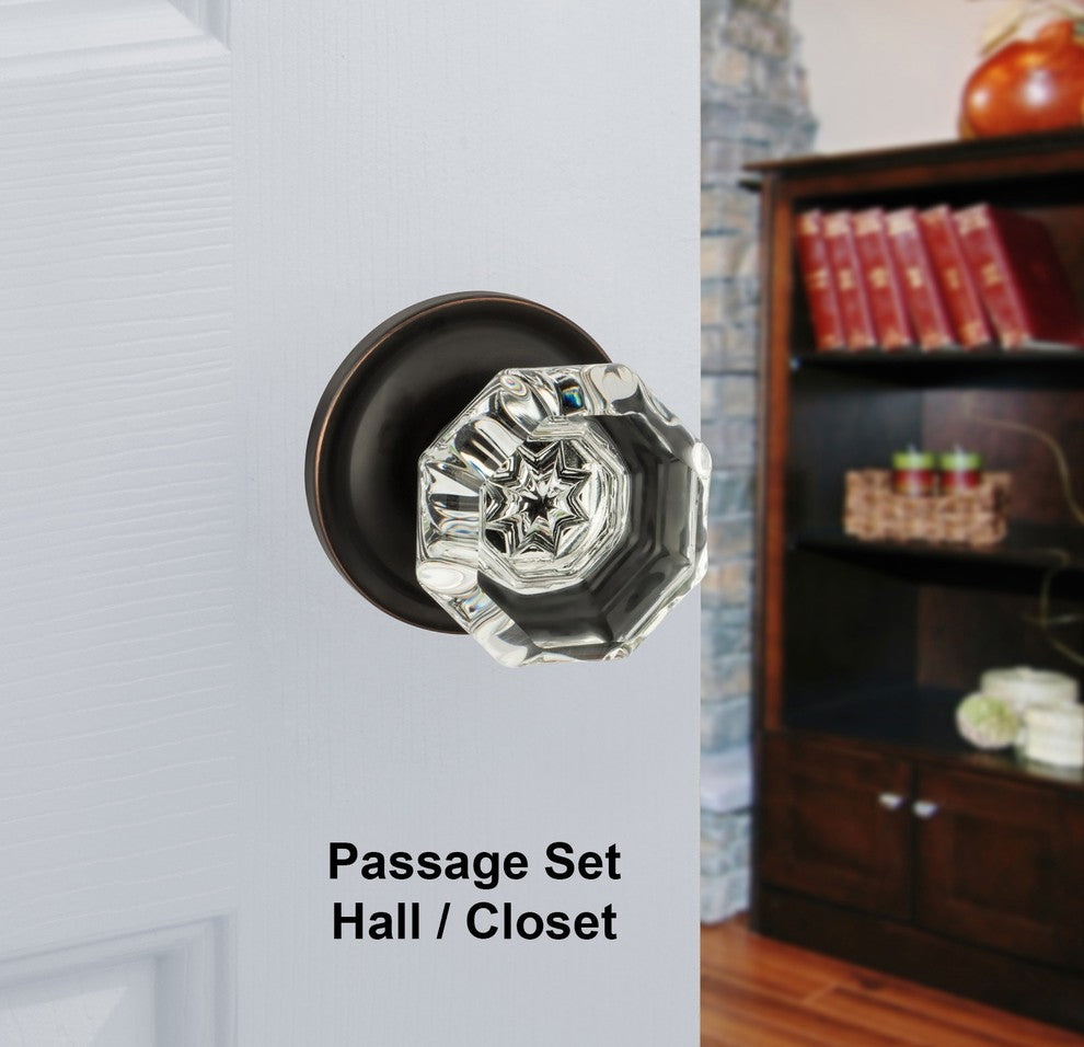Classic Rosette, Crystal Style Door Knob, Passage Function, Oil Rubbed Bronze