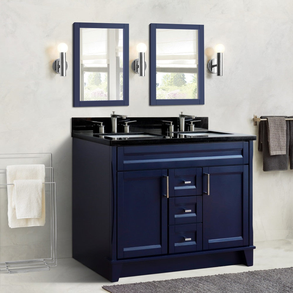 48" Double Sink Vanity, Blue Finish With Black Galaxy Granite