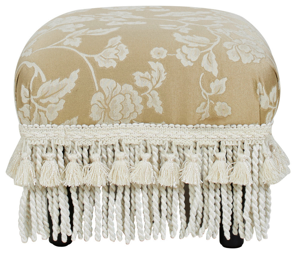 Fiona Accent Footstool Ottoman, Champagne Beige Floral Jacquard