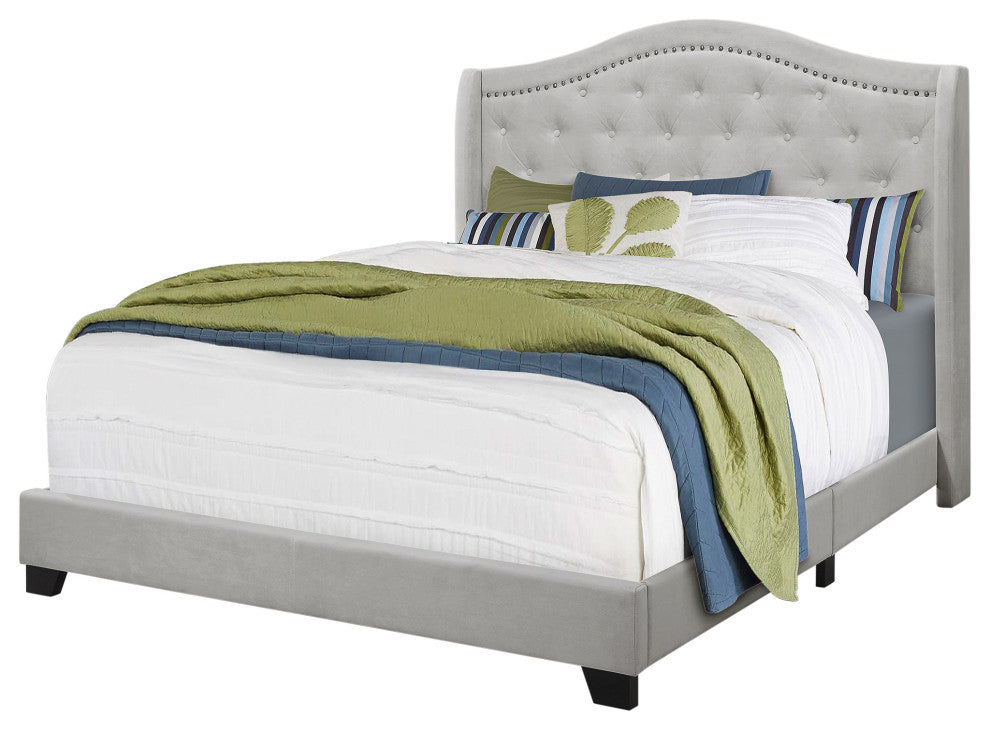 Bed, Queen Size, Platform, Frame, Upholstered, Velvet, Wood Legs, Grey