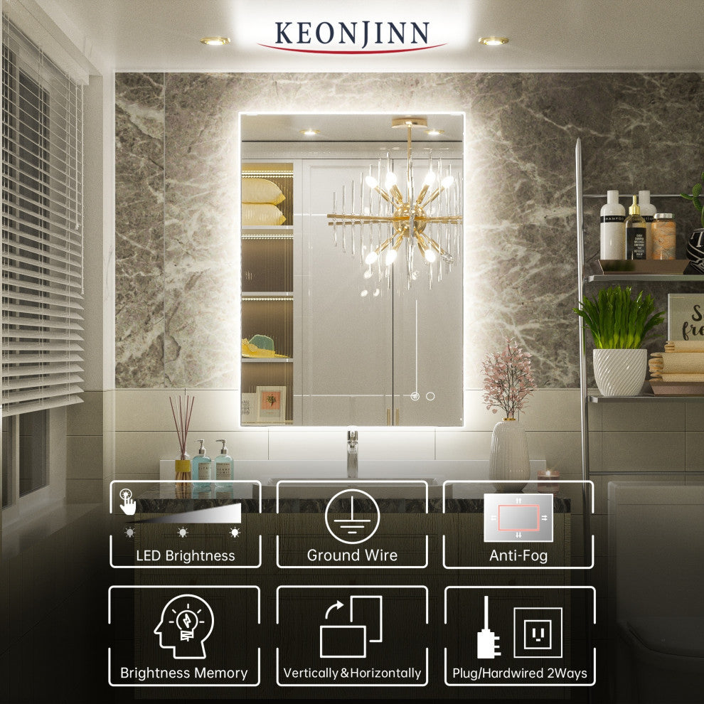 Backlit 3-Color LED Mirror for Bathroom, Anti-Fog Dimmable, 24x36