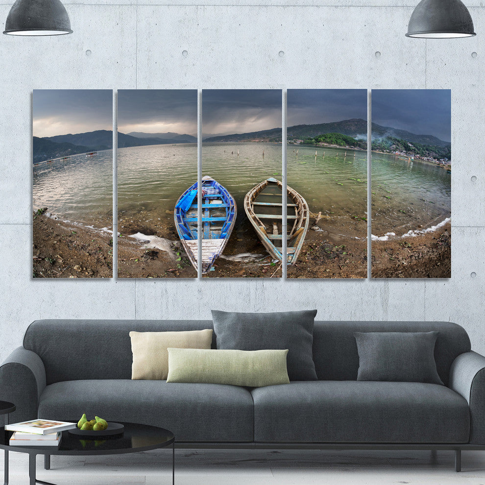 Two Boats near Pokhara Lake, Boat Canvas Art Print, 60"x28", 5 Panels