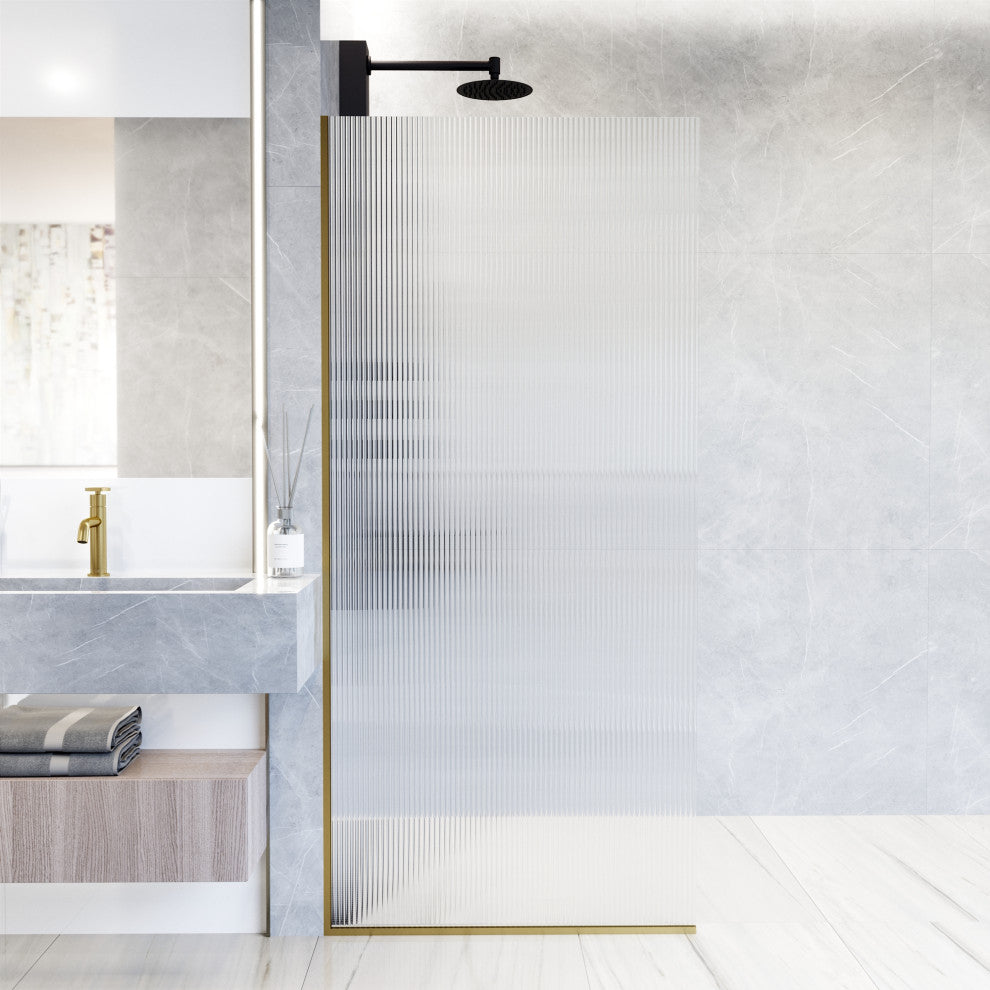 VIGO Zenith Frameless Fixed, Matte Gold, Shower Screen, 34" W X 74" H, Fluted Glass