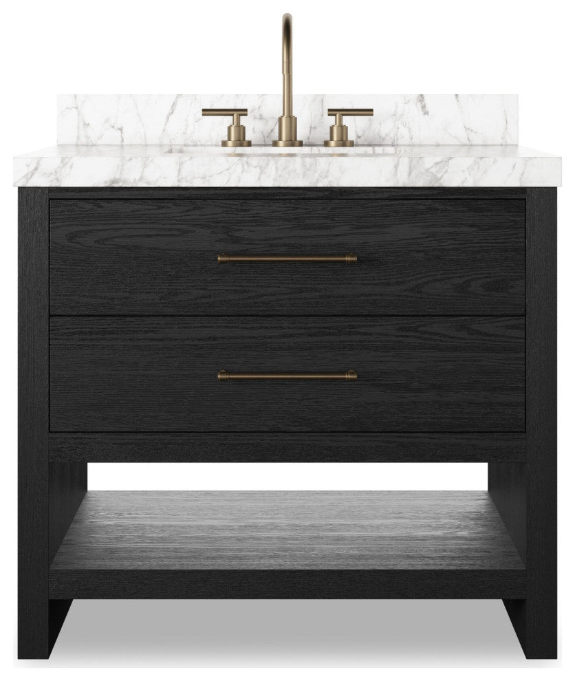 Anthem Single Vanity 36", Carrara Marble, Black Wash Oak Veneer, Brushed Brass