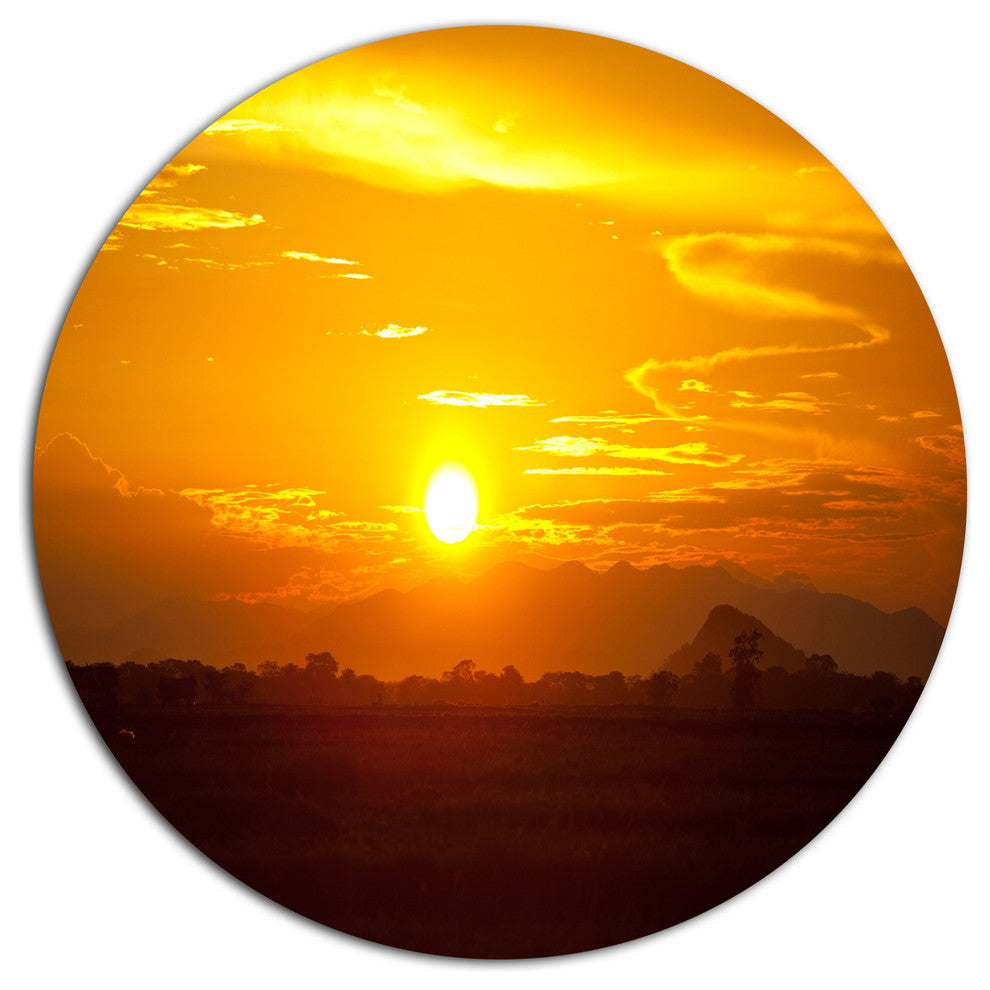 Bright Yellow Sunset In Sri Lanka, Landscape Disc Metal Artwork, 36"