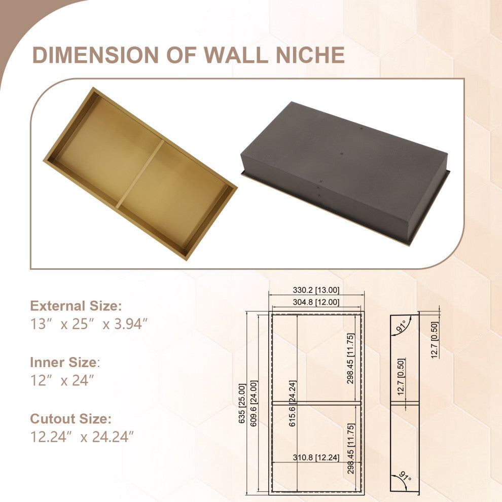 Stainless Steel Shower Niche Recessed Double Layer No Tile Needed , Gold