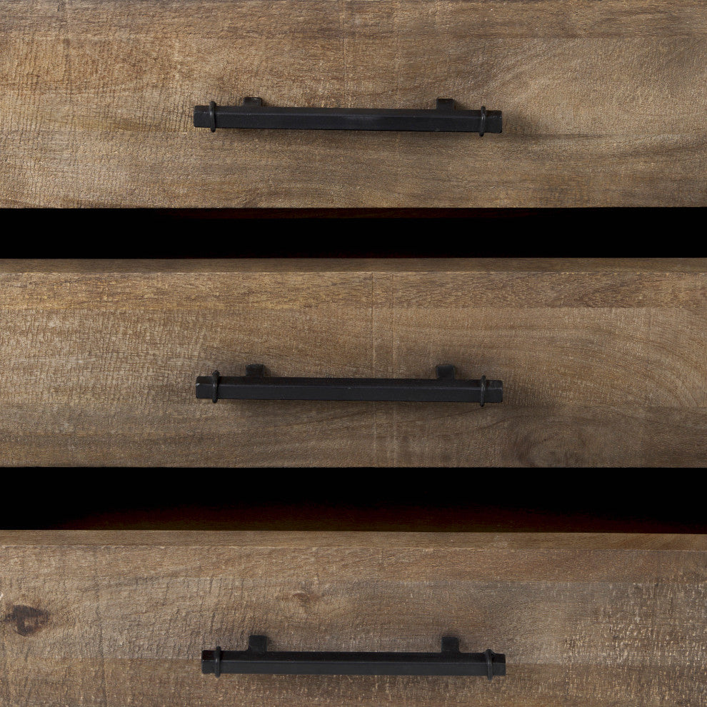 Close-up of drawer handle and wood texture on white background.
