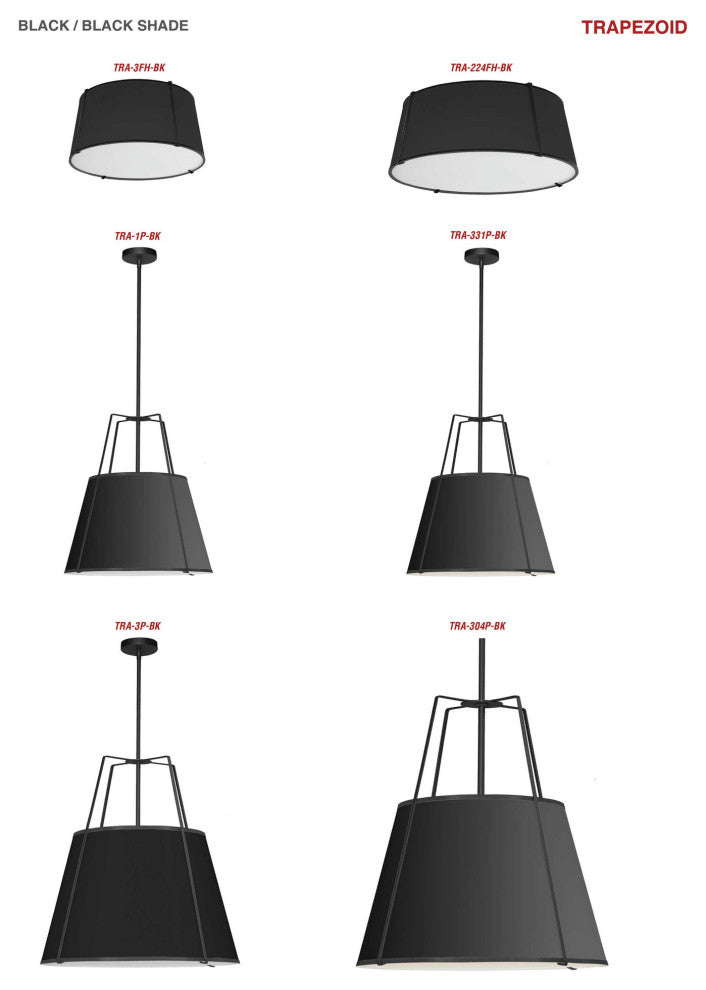 3 Light Trapezoid FlushMount Black Shade w/ White Fabric Diffuser