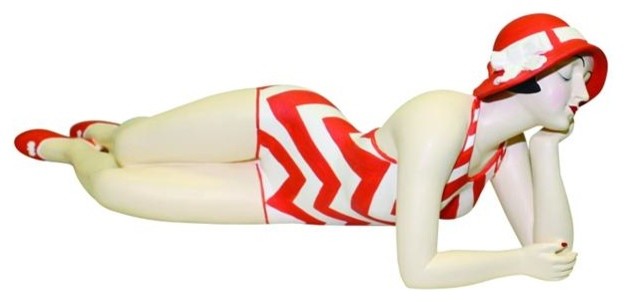Retro Bathing Beauty Lying Figurine, Swim Suit Woman Orange Chevron Stripe