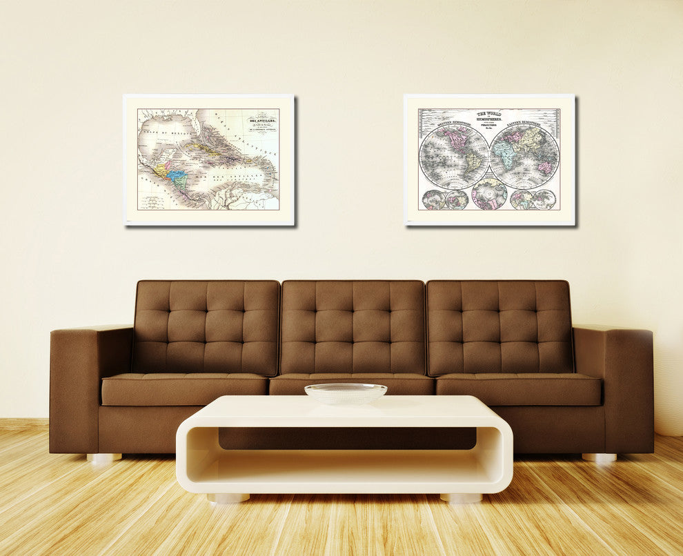 West Indies Caribbean Old Map Print On Canvas With Picture Frame 28" X 37"