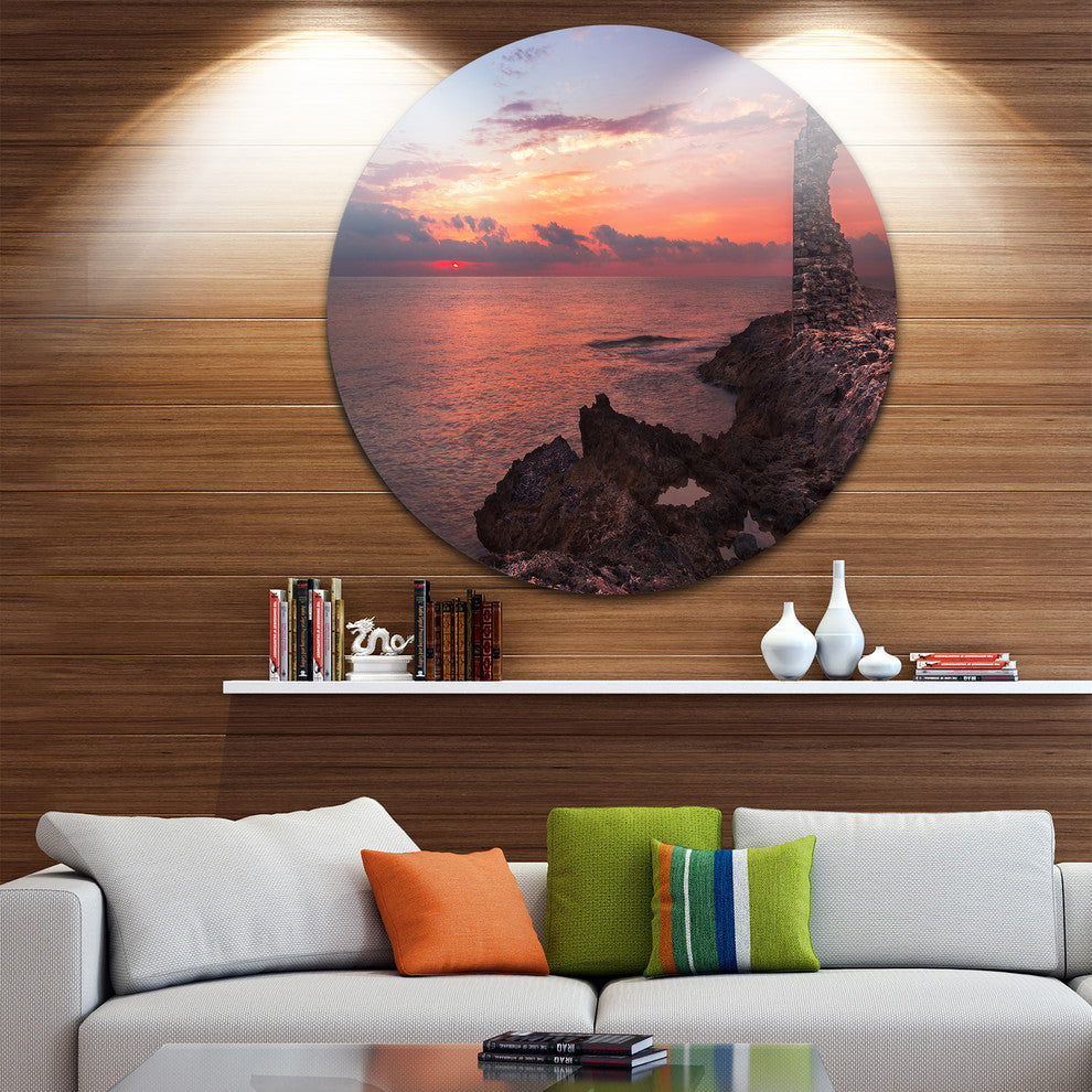 Red Rocky Beach With Ancient Ruins, Beach Round Wall Art, 11"